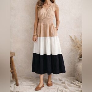 1. State Women’s Tiered Color block  X-large Midi Dress, Tan/Black/White, NWT